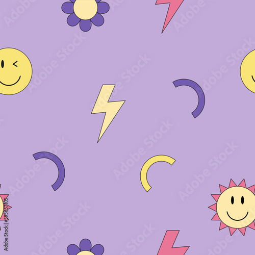 Seamless pattern with retro shapes, flowers, smiles and lightning. 2000s style colorful positive vector wallpaper photo