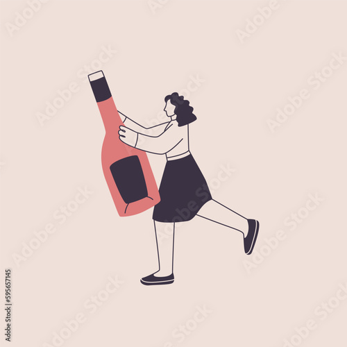 Woman with a bottle of wine or sparkling wine. Cute character in trendy style. Vector isolated illustration for wine theme design.