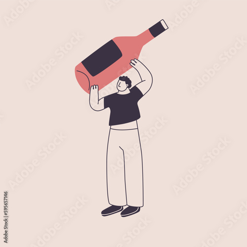 A man holds a giant bottle of wine over his head. Cute character in trendy style. Vector isolated illustration for the design of a wine theme.
