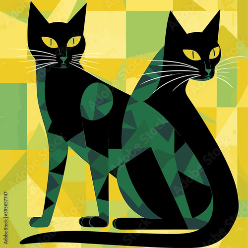 Two black cats. Handmade drawing vector illustration. Retro style poster. Art deco style. Green-yellow color photo