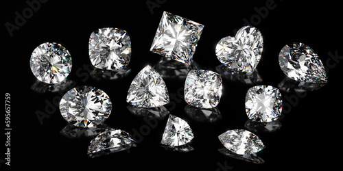 Brilliant-cut diamonds of various shapes on black glossy background. 3d illustration