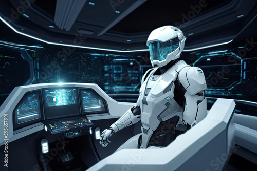 Robot cyborg in a control room flying a white modern spaceship with window view on spac © rufous