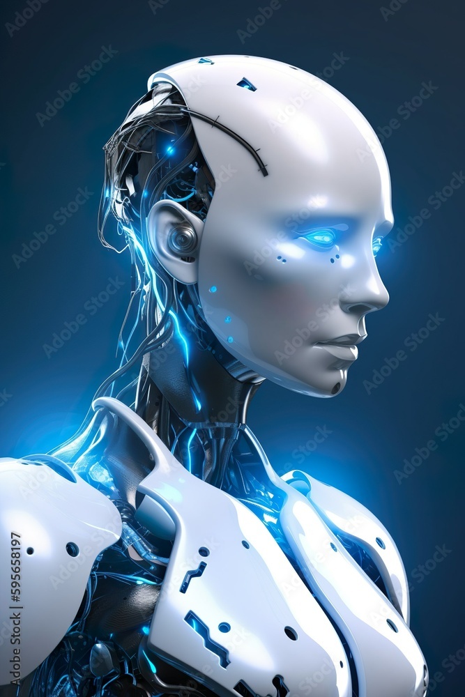 Robot on blue background. Created with generative Ai technology.
