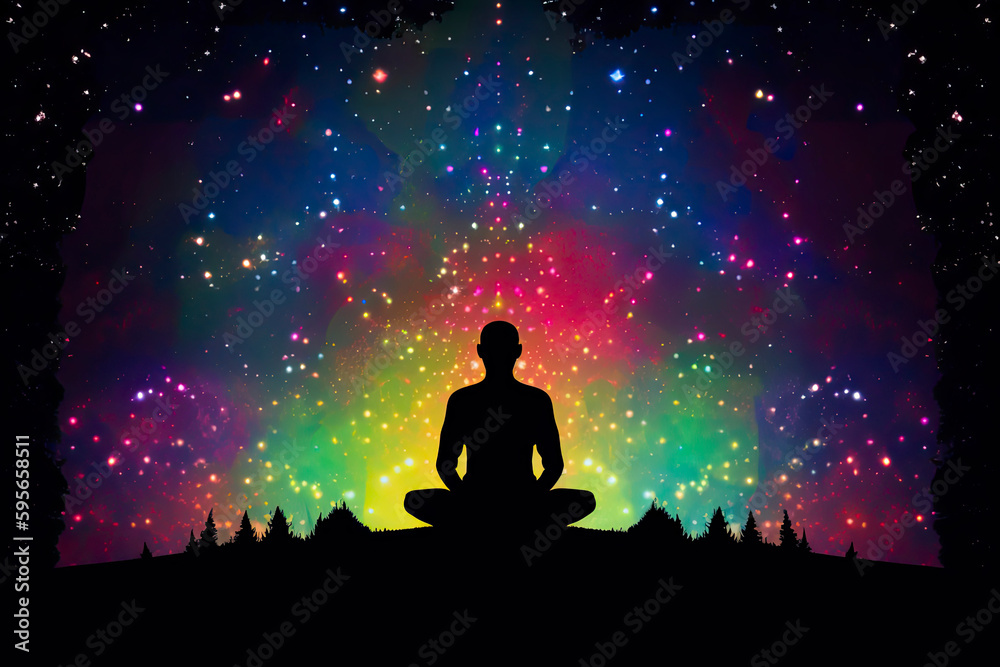 Silhouette of man with starry night inside doing yoga in lotus flower Silhouette of man with starry night inside doing yoga in lotus flower