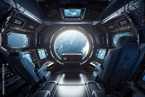 Fototapeta Naklejka Na Ścianę i Meble -  Spaceship interior with view on the planet Earth 3D rendering elements of this image furnished by NASA