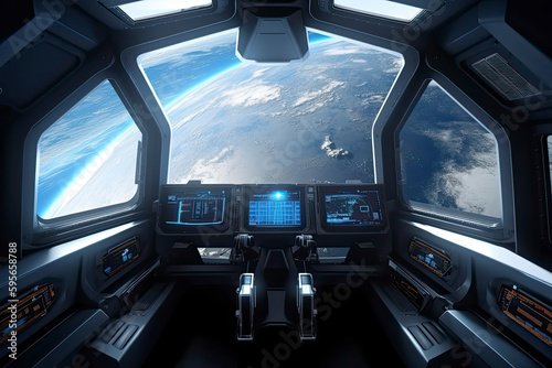 Fototapeta Naklejka Na Ścianę i Meble -  Spaceship interior with view on the planet Earth 3D rendering elements of this image furnished by NASA