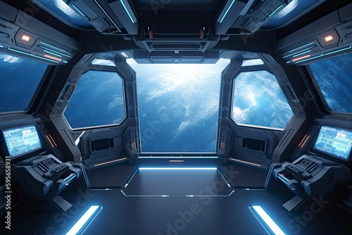 Fototapeta Naklejka Na Ścianę i Meble -  Spaceship interior with view on the planet Earth 3D rendering elements of this image furnished by NASA