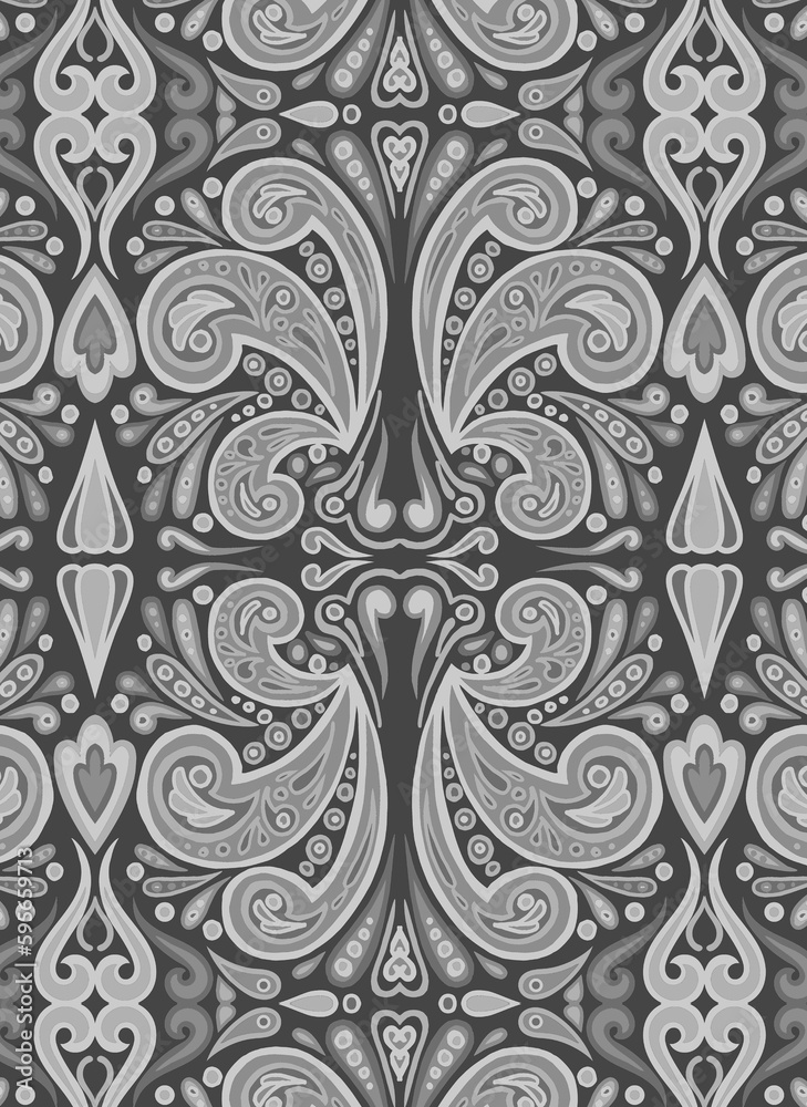 Paisley Damask in Grayscale Print, ornate, black and white, Seamless Repeating Pattern Tile