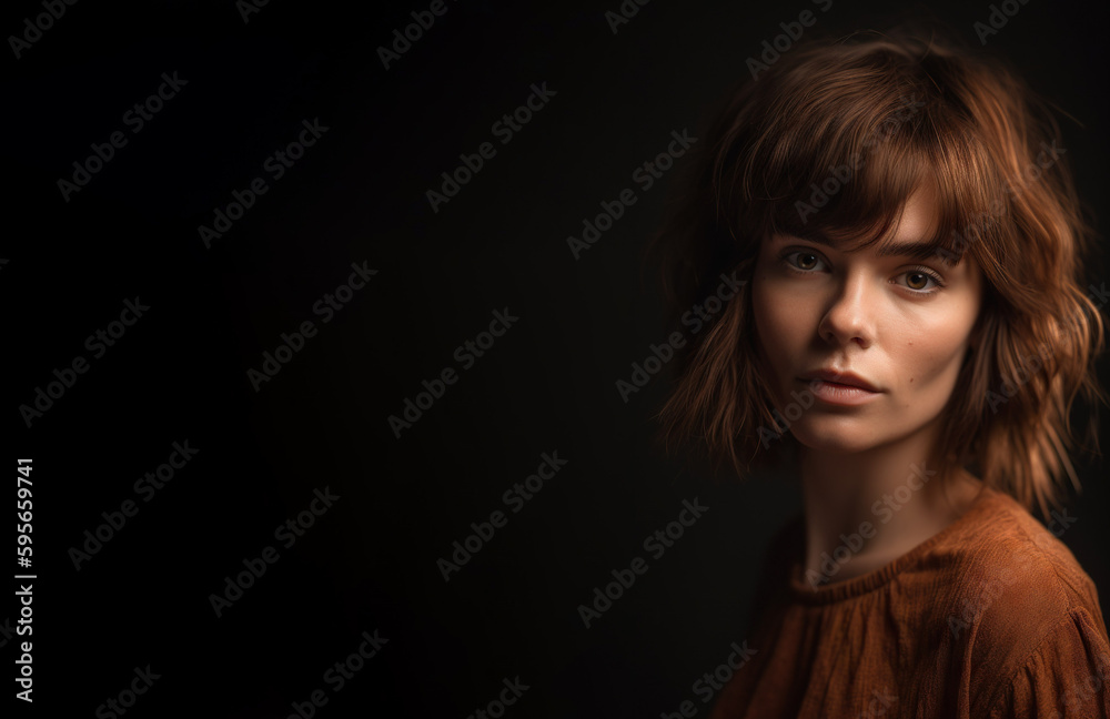 Woman with a Medium Shag hairstyle on a solid dark background