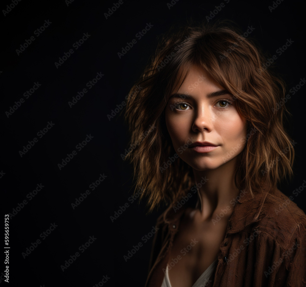 Woman with a Medium Shag hairstyle on a solid dark background