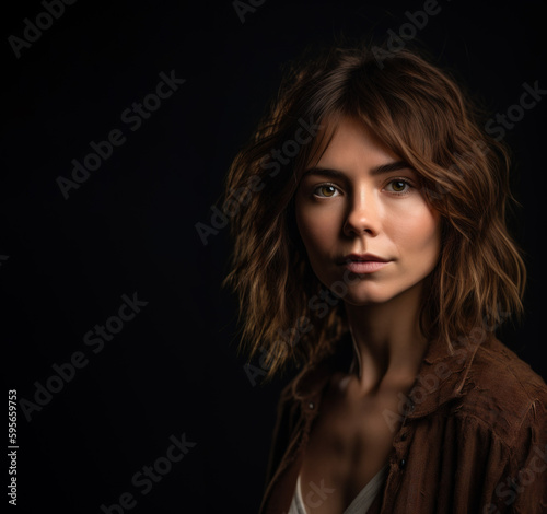 Woman with a Medium Shag hairstyle on a solid dark background