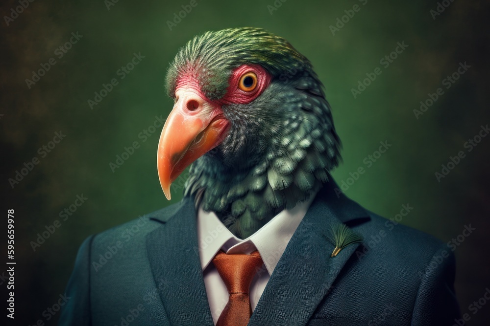 Anthropomorphic bird dressed in a suit like a businessman. business concept. AI generated, human enhanced