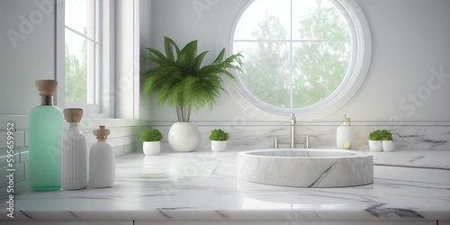 Bright bathroom interior with white marble. An empty table in the foreground for displaying and showcasing your item and product.