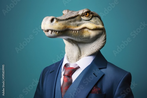 Anthropomorphic crocodile dressed in a suit like a businessman. business concept. AI generated, human enhanced © top images