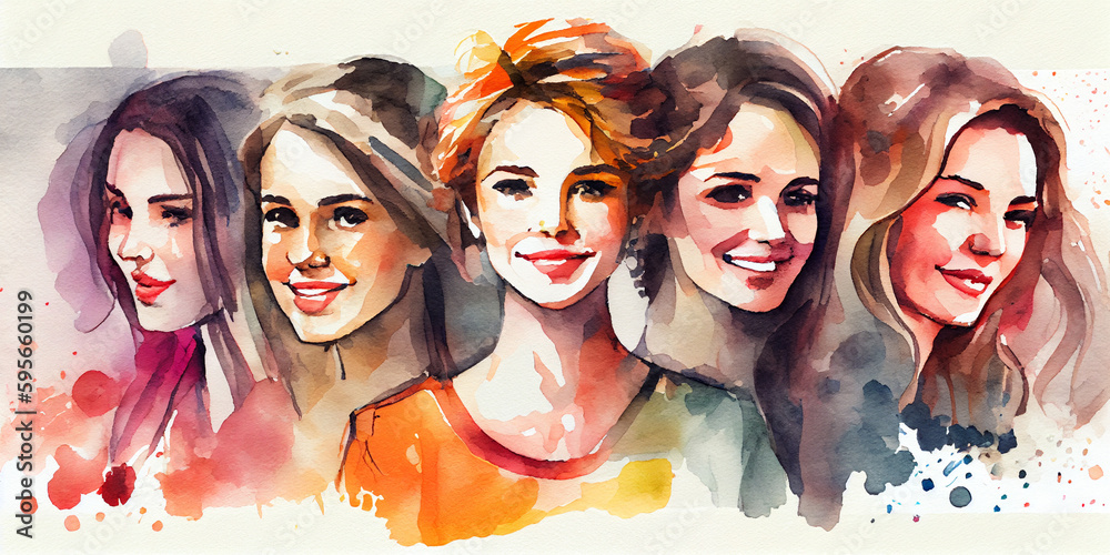 Group of beautiful women on a white background, watercolor style. Abstract illustration. Fashion, shopping and lifestyle concept.