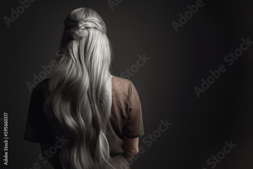 Silver Elegance: Back View of Elder Woman's Long Gray Locks