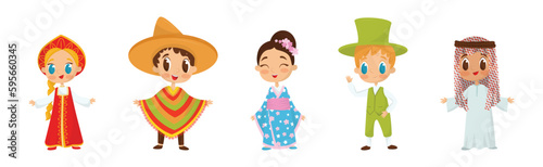 Smiling Boy and Girl Wearing Costumes of Different Countries Vector Set