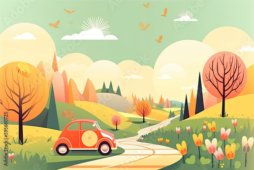 A friendly family in a cute minivan goes camping in the mountains  flat style image with elements of nature