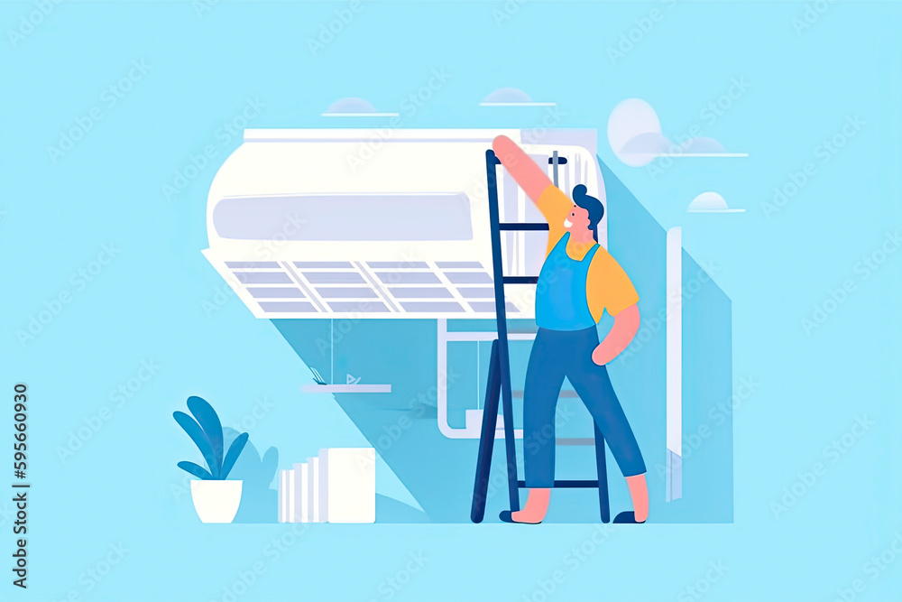 Technician repairing split air conditioner on a blue wall. Construction building industry Technician repairing split air conditioner on a blue wall. Construction building industry