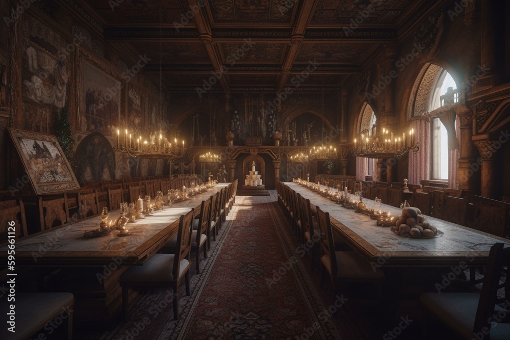 3D render of a grand medieval banquet hall. Generative AI