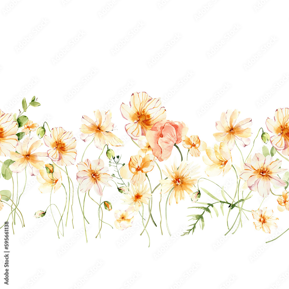 Fototapeta premium Watercolor floral border clipart. Field flowers seamless border.