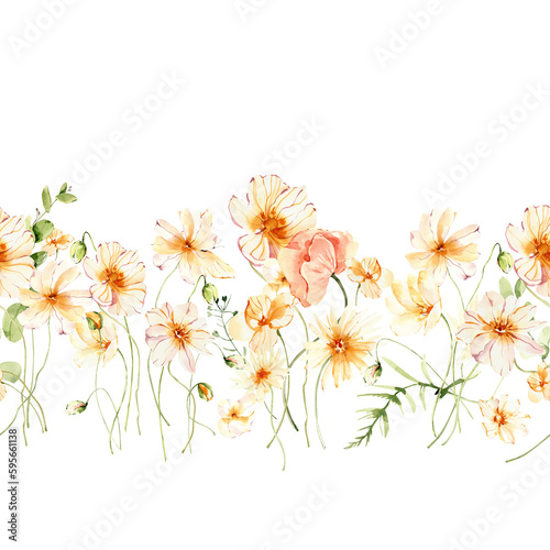Watercolor floral border clipart. Field flowers seamless border.