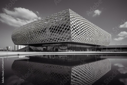 Monochrome capture of Fine Arts Building at expo in Zaragoza. Generative AI