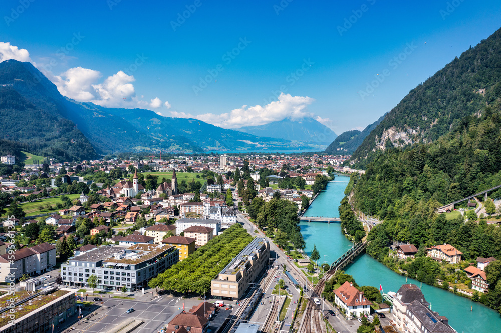 Aerial View Over The City Of Interlaken In Switzerland Beautiful View Aerial View Over The City Of Interlaken In Switzerland Beautiful View