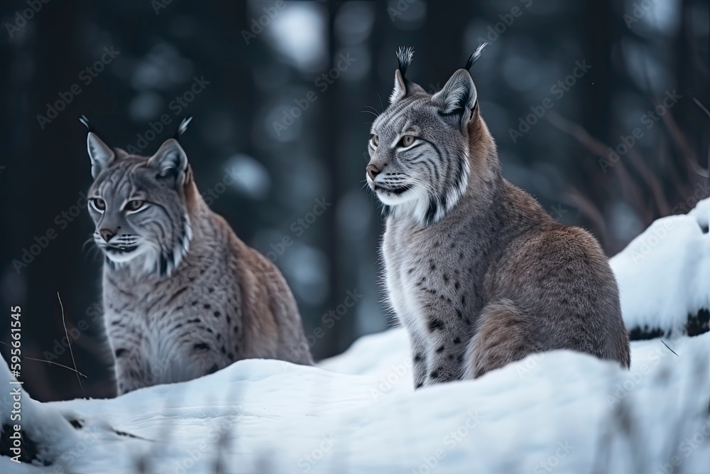Mother and child Lynx sitting in the snow Mother and child Lynx sitting in the snow
