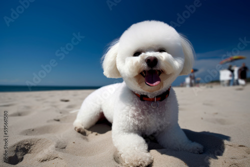 Bichon frise dog on the beach, funny portrait, generativeai © Joachim
