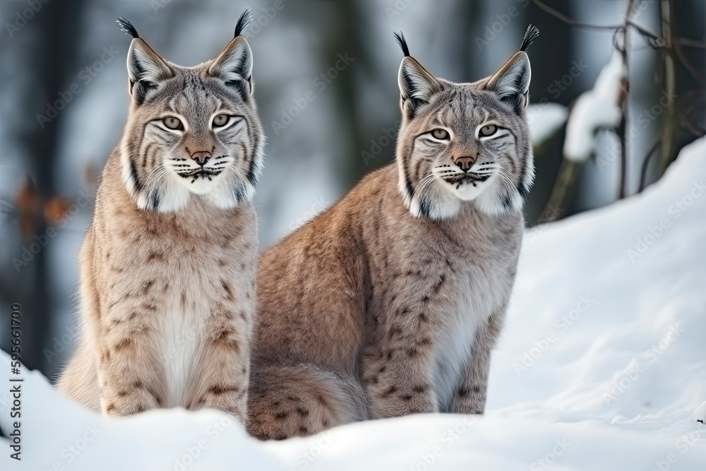 Fototapeta premium Mother and child Lynx sitting in the snow