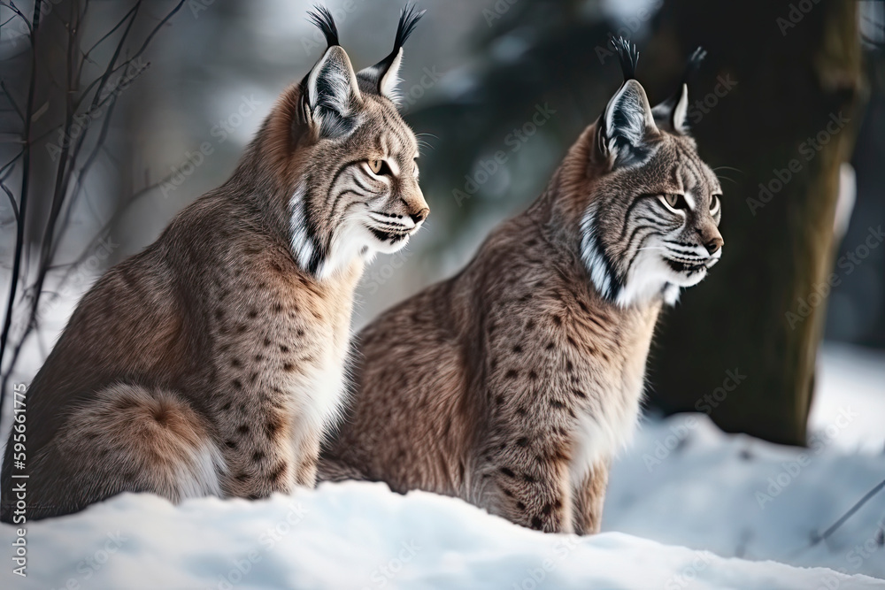Mother and child Lynx sitting in the snow