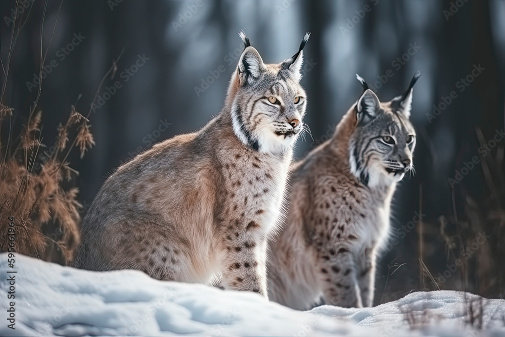 Mother and child Lynx sitting in the snow Mother and child Lynx sitting in the snow