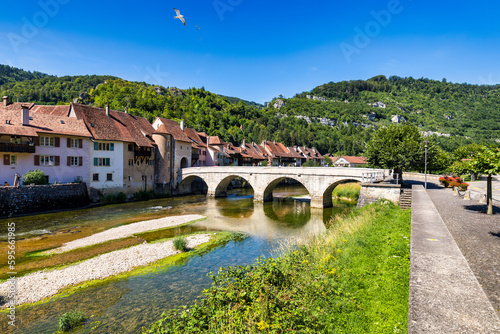 Canvas Print Picturesque Swiss village of Saint-Ursanne on the Doubs River, Switzerland