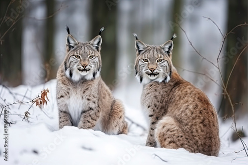 Mother and child Lynx sitting in the snow