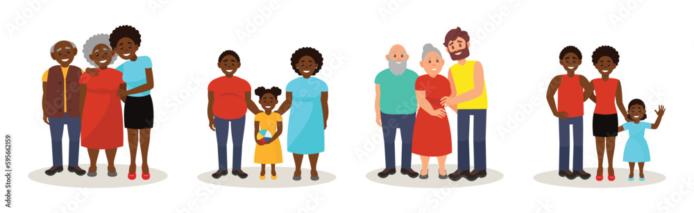 Father and Mother Standing with Children as Families of Different Nationalities Vector Illustration Set