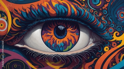 A eye, surrounded by a swirling vortex of colors and shapes.