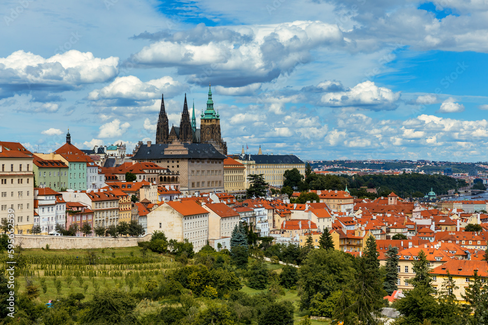 Prague Castle and Lesser Town panorama. View from Petrin Hill. Prague, Czech Republic. View of Prague Castle from Strahov monastery. Prague, Czech Republic