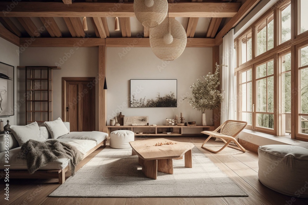 Japandi style living room with white and beige tones, wooden interior ...