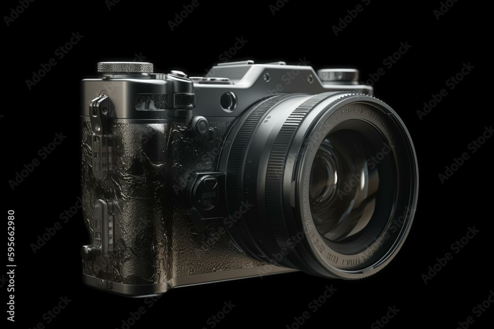 A digital camera with a luxurious design featuring black leather and silver magnesium alloy. 3D rendered with a transparent background. Generative AI