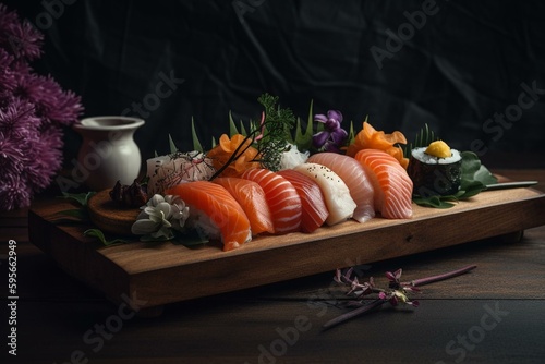 Savor fresh sushi & sashimi on a stone plate. Generative AI