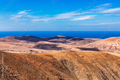 Betancuria National Park on the Fuerteventura Island, Canary Islands, Spain. Spectacular view of the picturesque mountain landscape from the drone of the Betancuria National Park in Fuerteventura