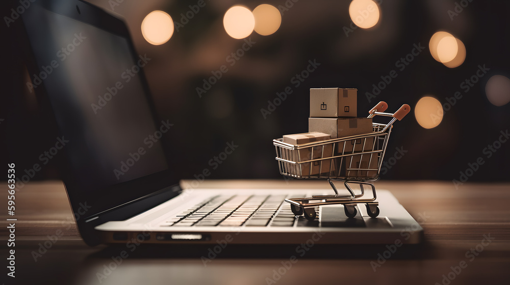 Laptop / Notebook with a shopping cart with packages on top of it, AI generated
