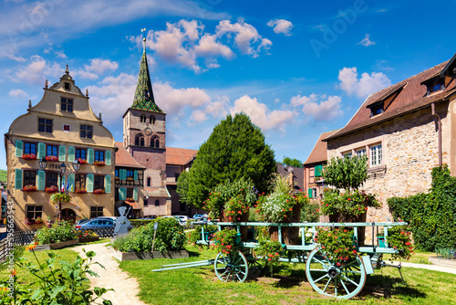 Fototapeta Naklejka Na Ścianę i Meble -  Traditional timbered house in Turckheim, Alsace, France. One of the famous cities in Alsace scenic route near Colmar, France. Colorful traditional french houses in Turckheim town of Alsace, France.
