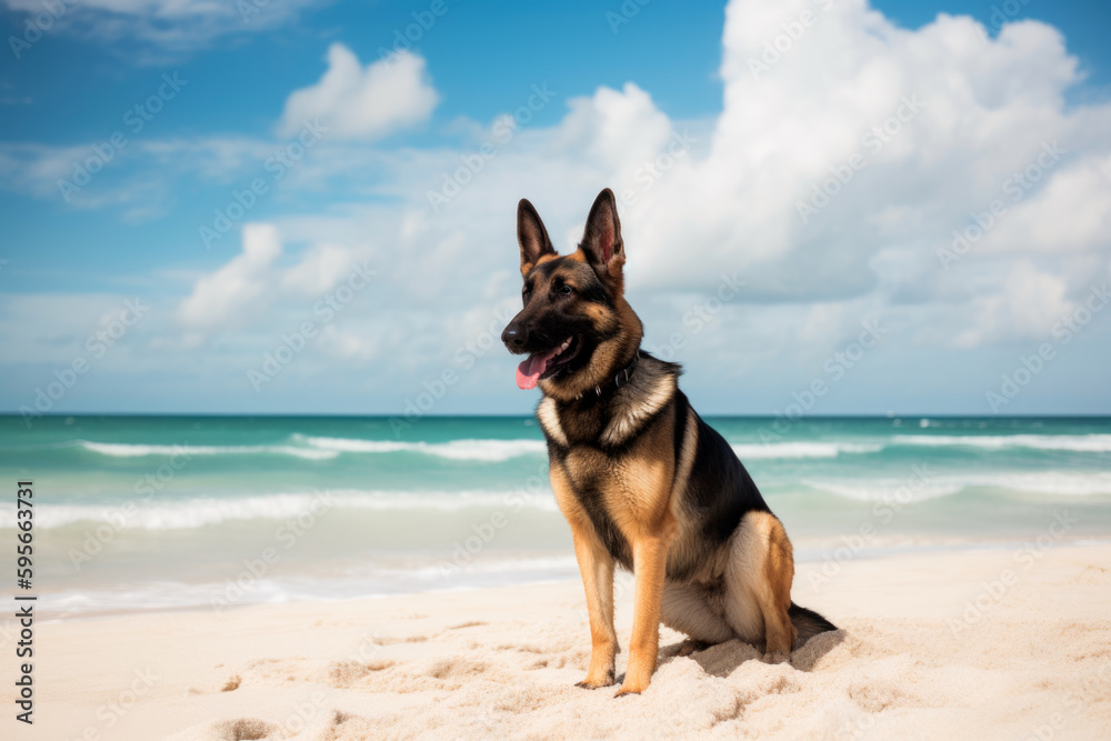 German Shepherd dog on the beach, funny portrait, generativeai German Shepherd dog on the beach, funny portrait, generativeai