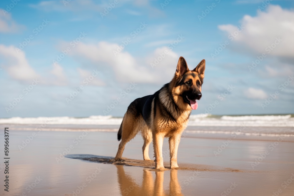 German Shepherd dog on the beach, funny portrait, generativeai German Shepherd dog on the beach, funny portrait, generativeai