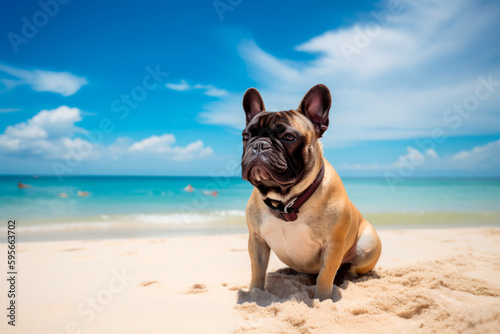 French Bulldog dog on the beach, funny portrait, generativeai