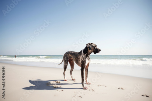 Great Dane dog on the beach, funny portrait, generativeai
