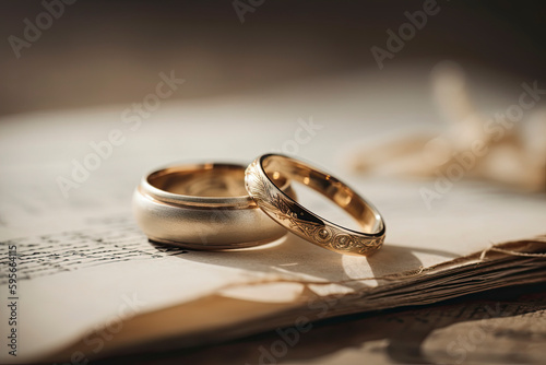 two wedding rings and flowers, wedding invitation