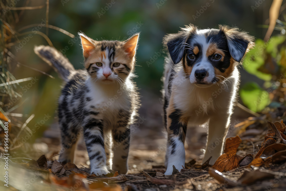 Calico Kitten And Spotted Puppy Stroll. Generative AI